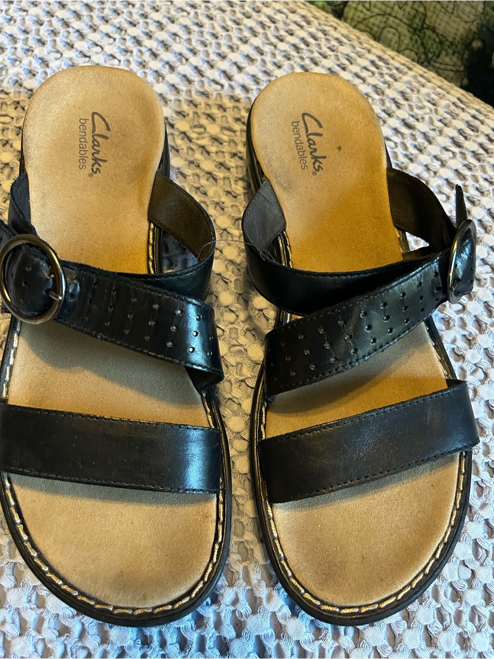Clarks Black Leather Buckle Slide Sandals